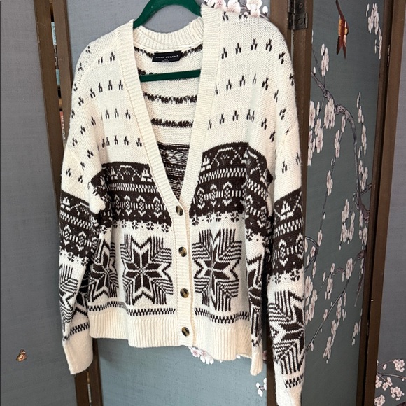 Lane Bryant Sweaters - Lane Bryant Cream and Brown Snowflake Cardigan